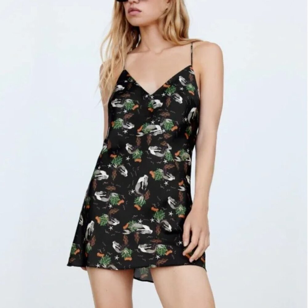 ZARA Mermaid Black Satin Tie Back Mini Slip Dress Size Medium - Picture 1 of 13